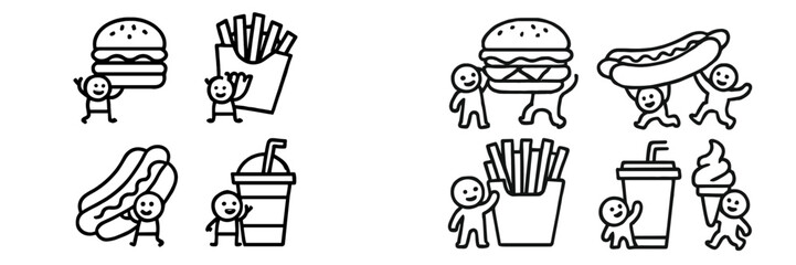 Fast food fun with joyful characters enjoying classic snacks