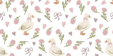 Cute floral goose seamless pattern with bow ribbon and heart. Coquette design with carnation flower. Pastel background for textile and wallpaper. Also good for baby fabric and wrapping paper. © NadyaSaen 