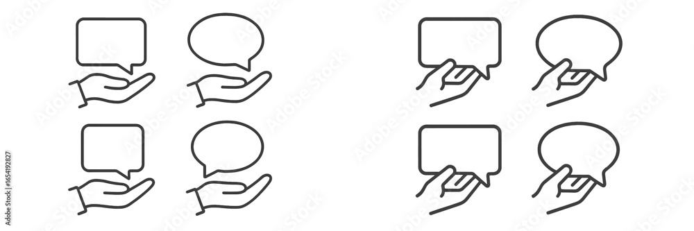 Poster four hand gestures representing communication with speech bubbles in a minimalist design