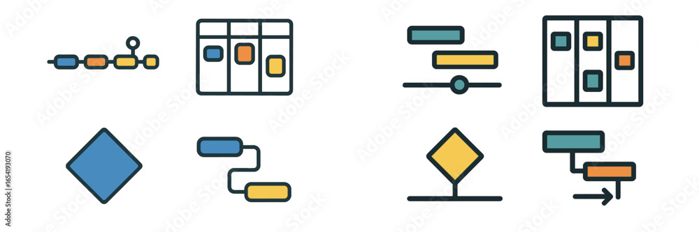 Poster flowchart and diagram icons illustrating data visualization and process mapping concepts in a minima