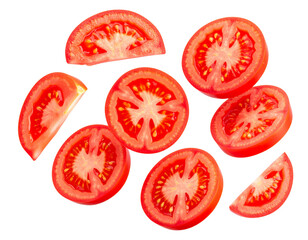 Freshly cut red tomato slices isolated on a white background