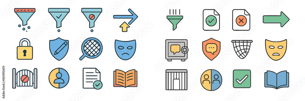 Poster collection of colorful icons representing various concepts related to security, communication, and d