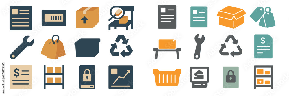 Poster visual representation of various tools and elements used in warehouse management and logistics proce
