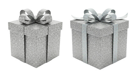 Glittery silver gift box with sparkling ribbon, realistic, isolated background