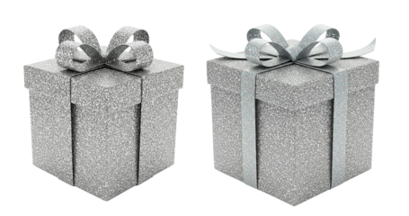 Glittery silver gift box with sparkling ribbon, realistic, isolated background