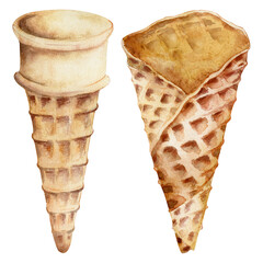 Empty crisp waffle cone for ice cream swirl, gelato, soft serve. Wafer texture, baked pastry. Isolated illustration hand drawn in watercolor. Sweet cafe flyer, frozen snack decor, digital stationery.
