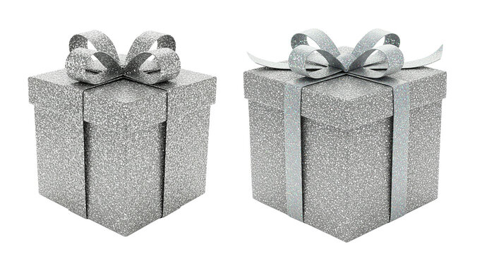 Glittery silver gift box with sparkling ribbon, realistic, isolated background