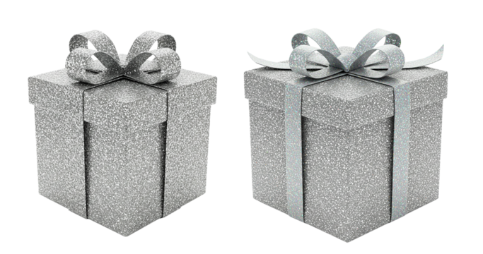Glittery silver gift box with sparkling ribbon, realistic, isolated background