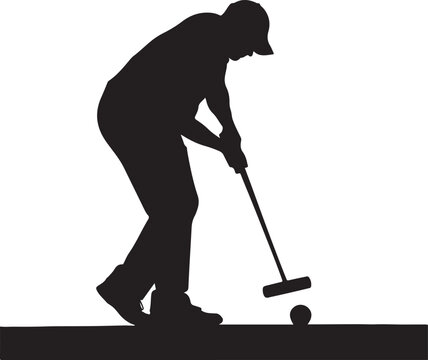 Black silhouette of croquet player swinging mallet, white background, minimal style
