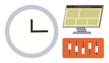 Clock, computer screen with browser interface, and control panel sliders convey time management, digital optimization, and workflow efficiency. Ideal for scheduling, productivity, organization