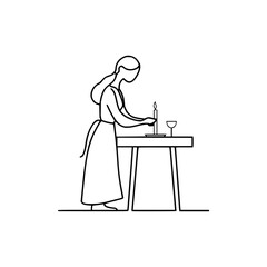 Woman lights a candle on a table with a glass in a minimalist line drawing style illustration