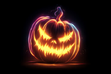 Glowing Halloween pumpkin with menacing face, set against a dark background, evoking spooky atmosphere