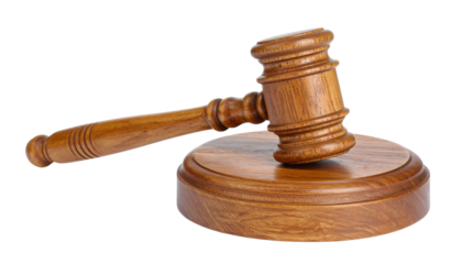 Wooden judge’s gavel resting on a sound block, isolated on transparent background, high detail, professional legal symbol