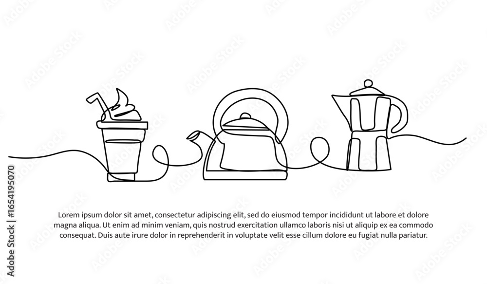 Poster continuous line design of ice cream and teapot. single line decorative element drawn on white.
