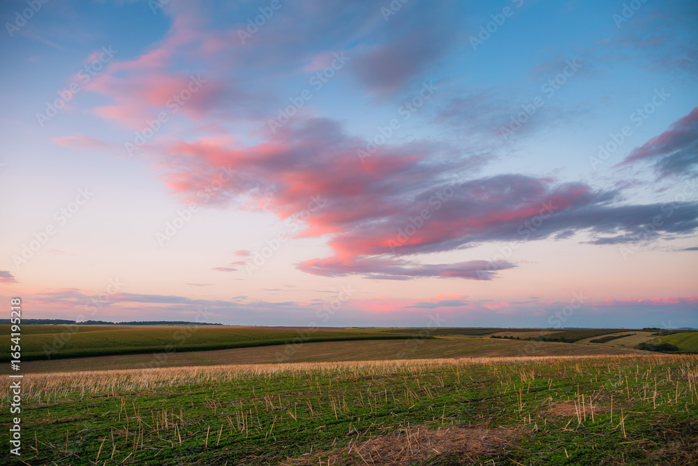 Wall mural dazzling sunset over an open field with colorful clouds in the soft evening sky.