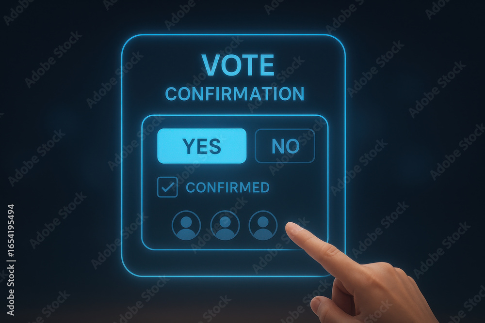 Poster vote confirmation screen with hand pointing at yes option for approval