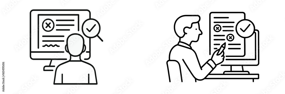 Poster person reviewing documents on screen while another is writing notes at a desk during a productive wo