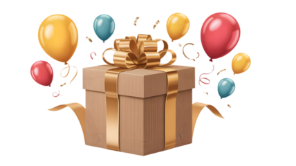 Gift box with balloons and confetti isolated on a transparent background present