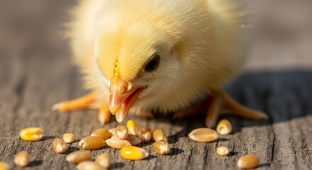 A focused close-up view of a fluffy, yellow chick pecking at seeds on a rustic wooden surface.