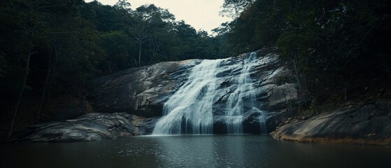 Naklejka premium Serene cascade tumbles over rocks into calm pool amidst verdant forest canopy
