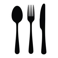 A simple black and white image showing a spoon, a fork, and a knife aligned horizontally flat vector
