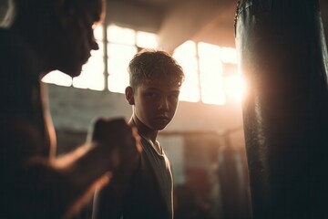 a teenage boy wearing sportswear intensely focused while training in a boxing gym