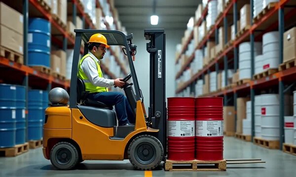 Forklift operator transports drums in warehouse with shelves full of goods