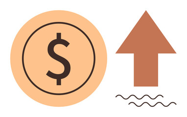 Dollar sign symbol within a circle representing currency, paired with an upward arrow and wavy lines suggesting growth, increase, financial trends, progress, success, and economic analysis. Ideal