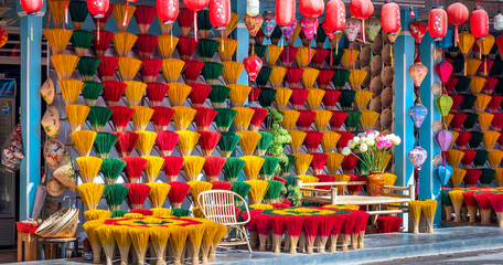 Traditional incense shop with colorful incense sticks in Hue, Vietnam