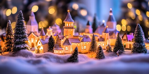 Obraz premium Miniature illuminated winter village scene evoking Christmas magic and charm