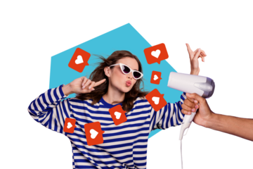 Creative collage illustration chill beauty attractive young lady hair stylist care blowing electric hair dryer dance beige background