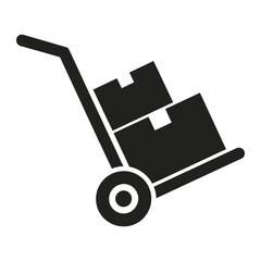 A simple black and white illustration of a hand truck with two boxes stacked on the platform vector