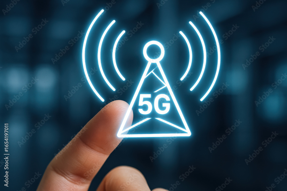 Poster 5g network signal icon with finger pointing on blurred background
