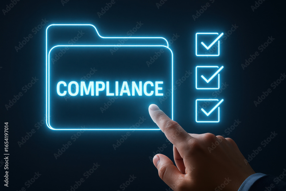 Aufkleber compliance folder icon with check marks and hand pointing on dark background