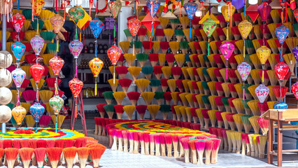 Traditional incense shop with colorful incense sticks in Hue, Vietnam