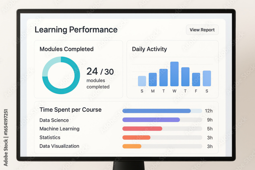 Poster learning performance dashboard showing modules completed, daily activity, and time spent per