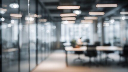 Modern Blurred Office Interior with Glass Walls and Desks for Professional Business Background, Corporate Workspace Concept