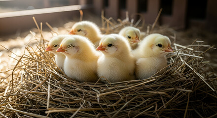 Several newborn chicks nestled warmly in a bed of straw.