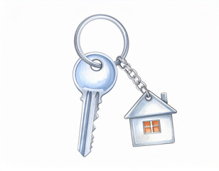 Hand-Drawn Illustration of Keys with House Keychain - First Home Concept