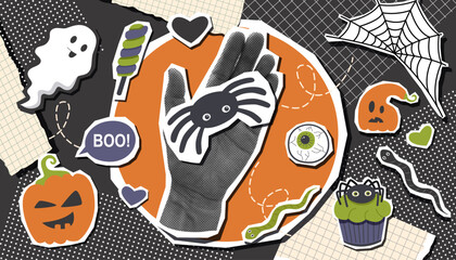 Halloween collage banner with stickers elements and photo of human hand holding spider. Halloween background. Halloween concept. Vector flat illustration.