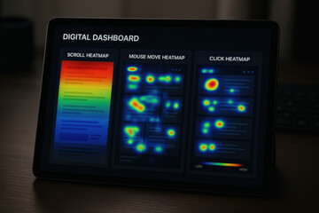 Digital dashboard showing scroll, mouse move, and click heatmap data for user interaction