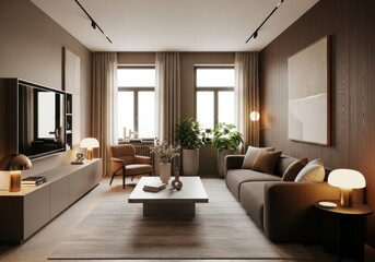 Fototapeta premium Modern living room interior with minimalistic design and earth tones