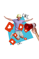 Vertical creative collage picture excited enjoy young man jump high photo loudspeaker pour like heart symbol reaction social media post