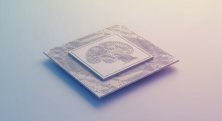 Stylized brain image etched onto square stone slabs, layered on a gradient blue surface, symbolizing intelligence and technological advancement.