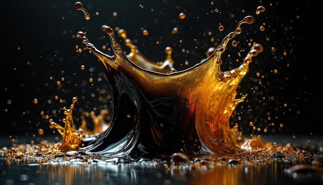 Dramatic black, gold liquid splash creates abstract art. Amorphous shapes of gold, black liquid form spectacular crown like structure with droplets. Artistic display suggests luxury, power, dynamic