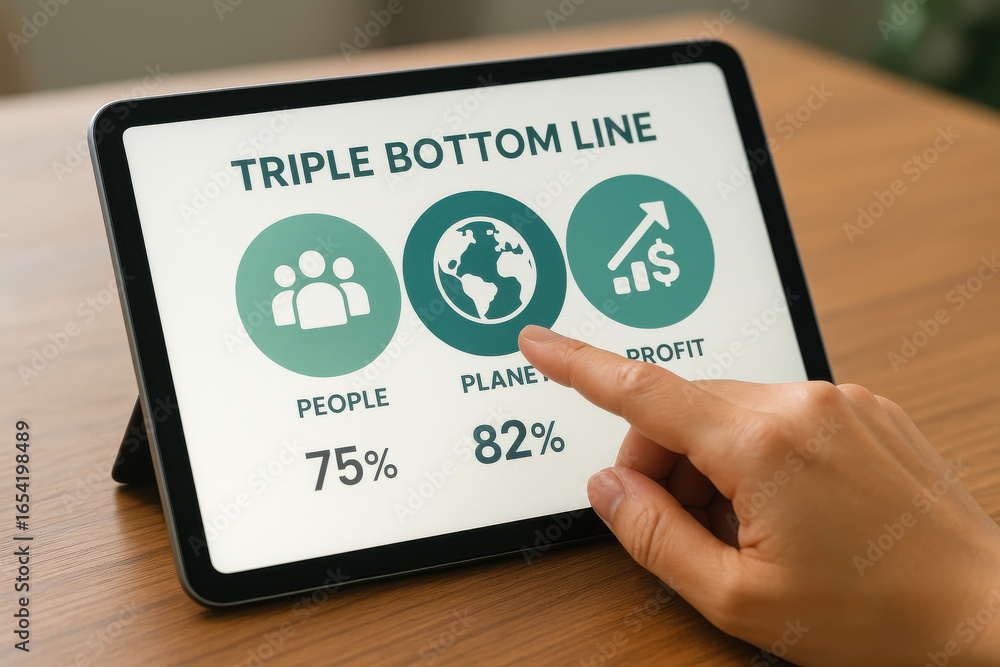 Poster triple bottom line concept on tablet screen with hand pointing at planet icon