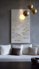 Modern art piece on wall, above white sofa