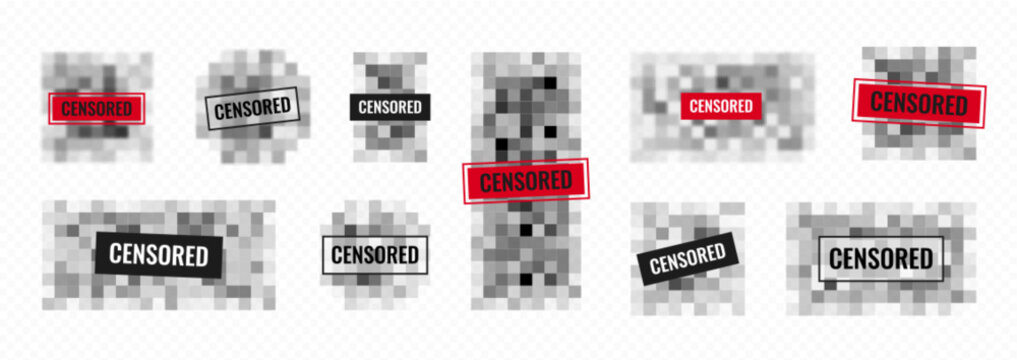 Censored blur bars with pixelated backgrounds and censor text labels in black or red for content restriction. Privacy protection stamps with mosaic patterns for blocking confidential media data.