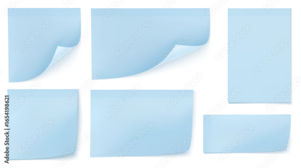 Poster blue memo sheets with post note - peel corners and sticker surfaces for writing reminders. square an