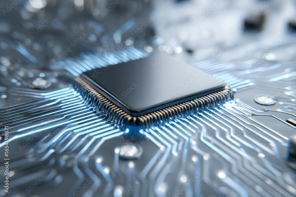 Poster close-up of a computer processor on a circuit board with glowing blue connections